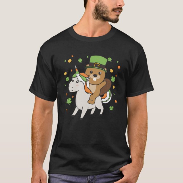 Beaver With Unicorn St Patrick s Day Ireland Beave T-Shirt (Front)