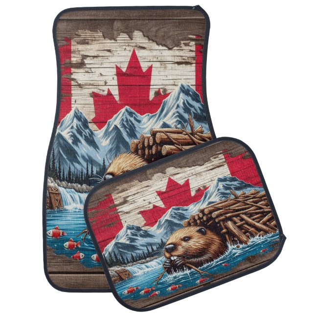Beaver Working Diligently by a Flowing River Car Floor Mat (Set)