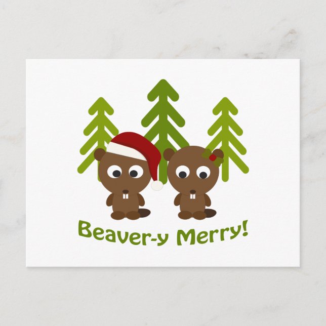 Beaver-y Merry! Christmas Beavers Holiday Postcard (Front)