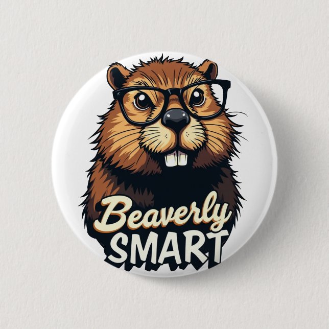 Beaverly Smart – Funny Beaver with Glasses Graphic Button (Front)