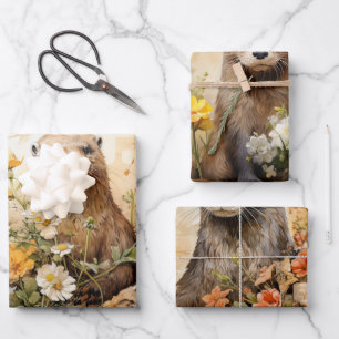 Beavers & Flowers Vintage Inspired Wrapping Paper Sheets