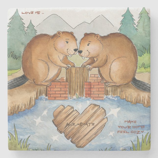 Beavers in Love Stone Coaster (Front)