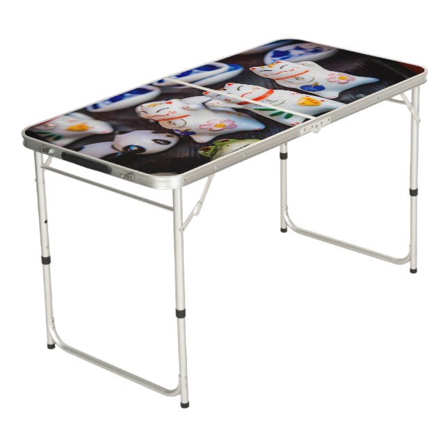 Beckoning cat figurines beer pong table (Angled)