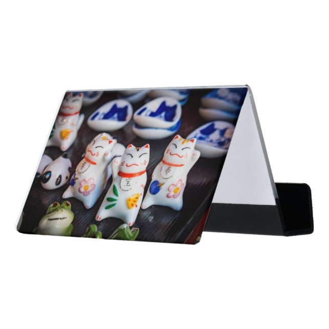 Beckoning cat figurines desk business card holder (Angled Back)