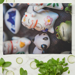 Beckoning cat figurines kitchen towel