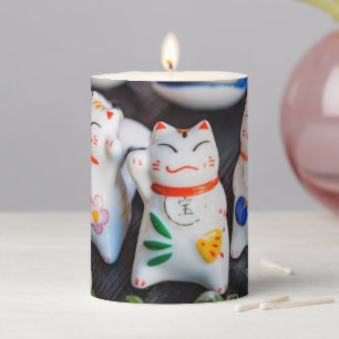 Beckoning cat figurines pillar candle