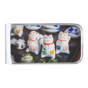 Beckoning cat figurines silver finish money clip