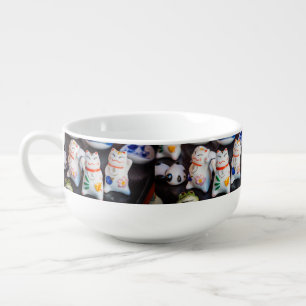 Beckoning cat figurines soup mug