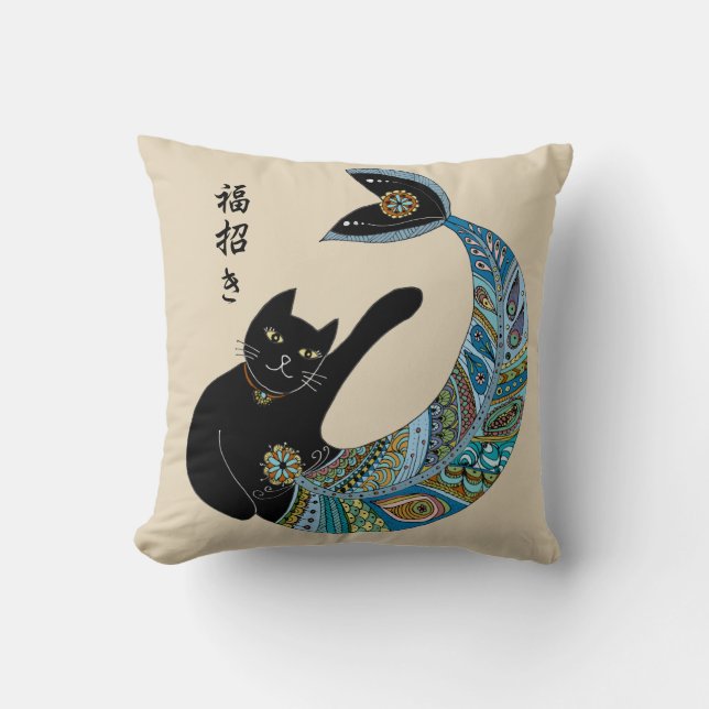 Beckoning mermaid cat throw pillow (Front)