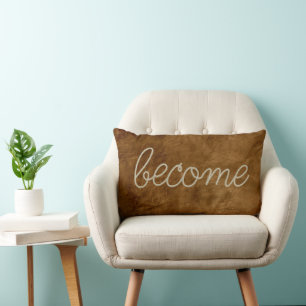 BECOME Rope Text on Brown Leather Lumbar Pillow