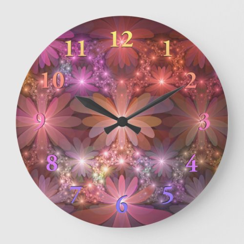 Bed Of Flowers Colorful Shiny Abstract Fractal Art Large Clock