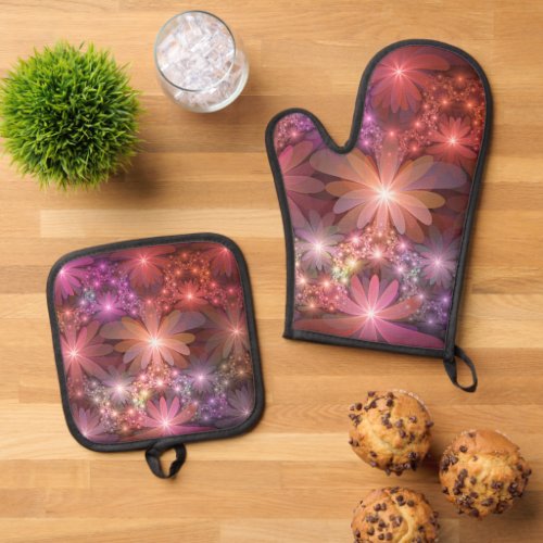 Bed Of Flowers Colorful Shiny Abstract Fractal Art Oven Mitt  Pot Holder Set
