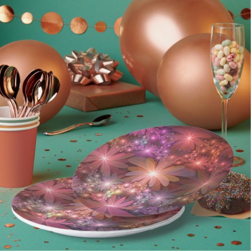 Bed Of Flowers Colorful Shiny Abstract Fractal Art Paper Plates