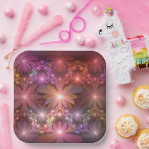 Bed Of Flowers Colorful Shiny Abstract Fractal Art Paper Plates