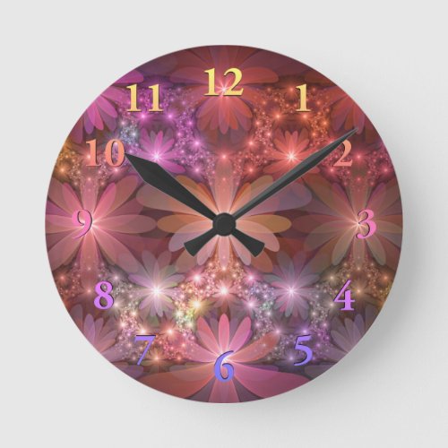 Bed Of Flowers Colorful Shiny Abstract Fractal Art Round Clock