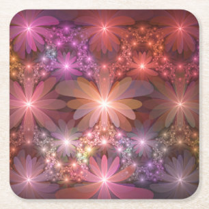 Bed Of Flowers Colorful Shiny Abstract Fractal Art Square Paper Coaster