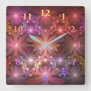 Bed Of Flowers Colorful Shiny Abstract Fractal Art Square Wall Clock