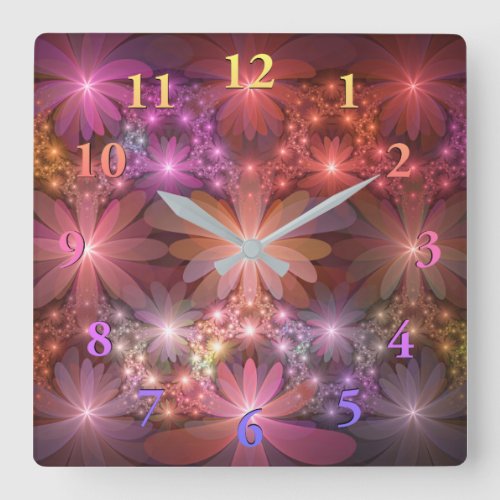 Bed Of Flowers Colorful Shiny Abstract Fractal Art Square Wall Clock