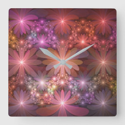 Bed Of Flowers Colorful Shiny Abstract Fractal Art Square Wall Clock