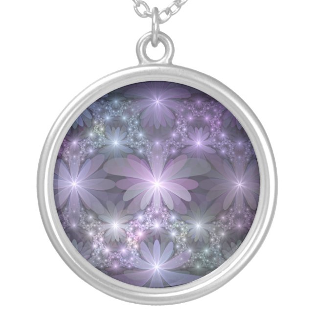 Bed of Flowers Trendy Shiny Abstract Fractal Art Silver Plated Necklace (Front)