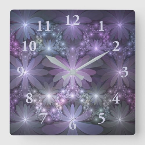 Bed of Flowers Trendy Shiny Abstract Fractal Art Square Wall Clock