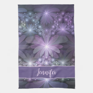 Bed of Flowers Trendy Shiny Abstract Fractal Name Kitchen Towel