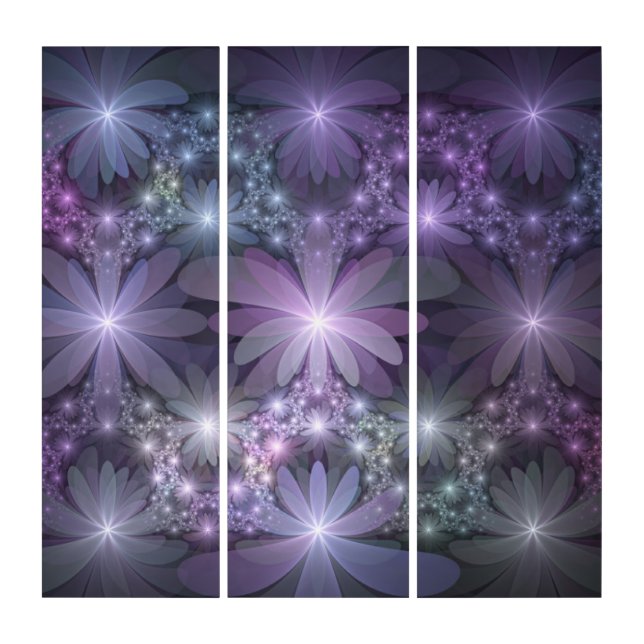 Bed of Flowers Trendy Shiny Abstract Fractal Triptych (Front)
