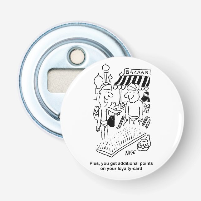 Bed of Nails at a Bazaar Cartoon Bottle Opener (Front)