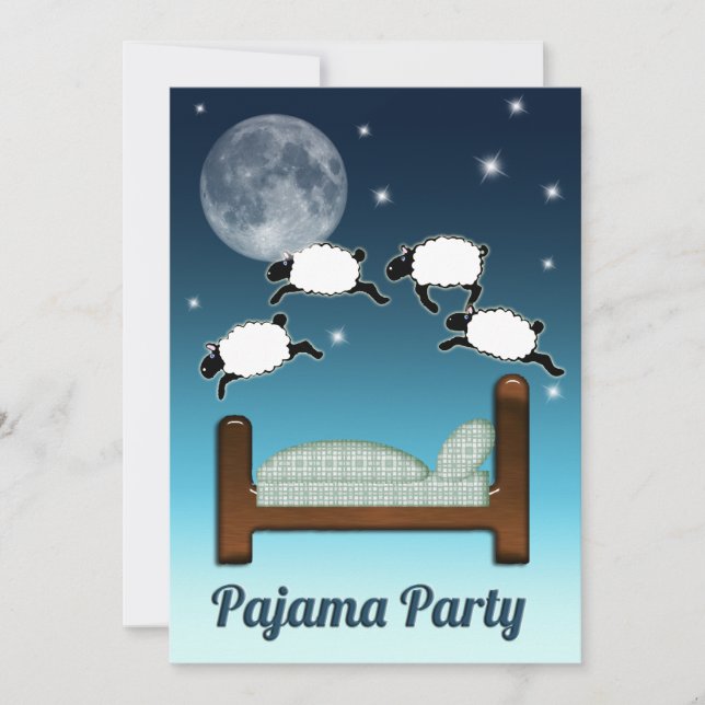 Bed, Sky, and Counting Sheep at Night PJ Party Invitation (Front)