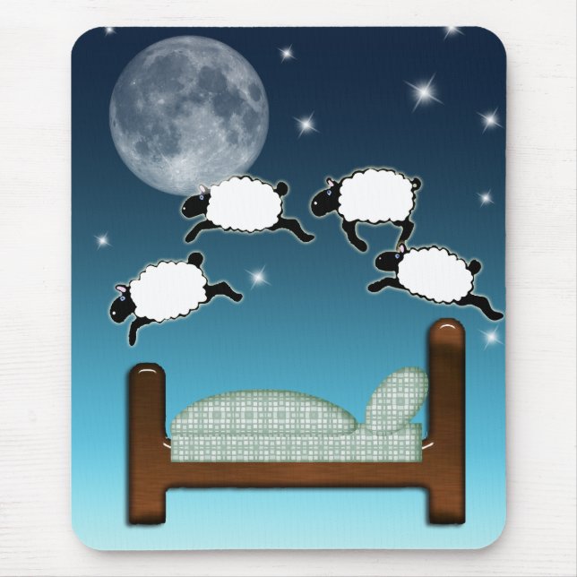 Bed, Sky, & Counting Sheep at Night Mouse Pad (Front)