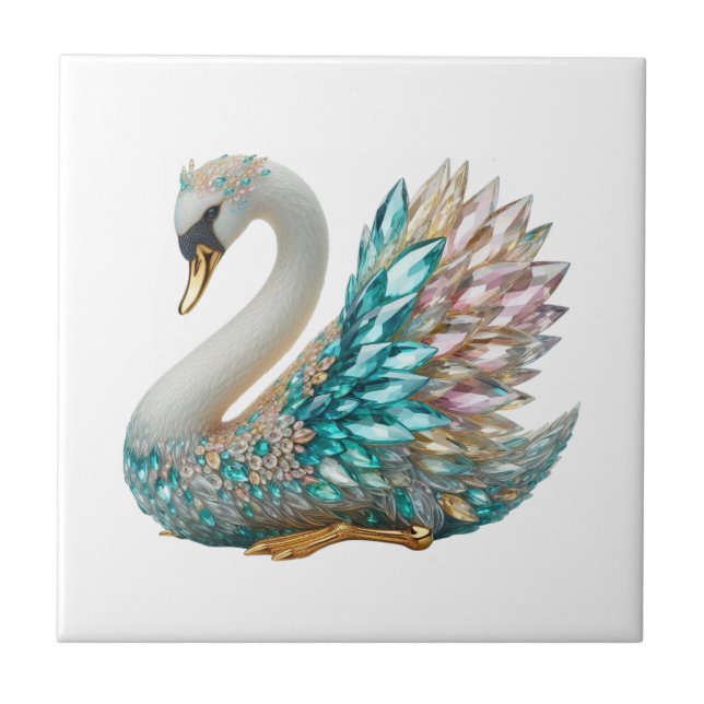 Bedazzled Diamond Swan Gold Crystal Bling Ceramic Tile (Front)