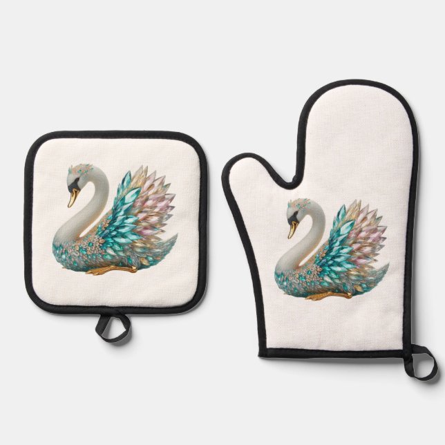 Bedazzled Diamond Swan Gold Crystal Bling Oven Mitt & Pot Holder Set (Front)
