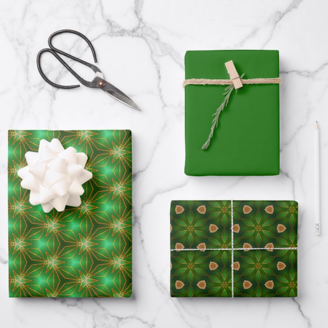 Bedazzled Green and Gold Decorative Christmas Wrapping Paper Sheets (Front)