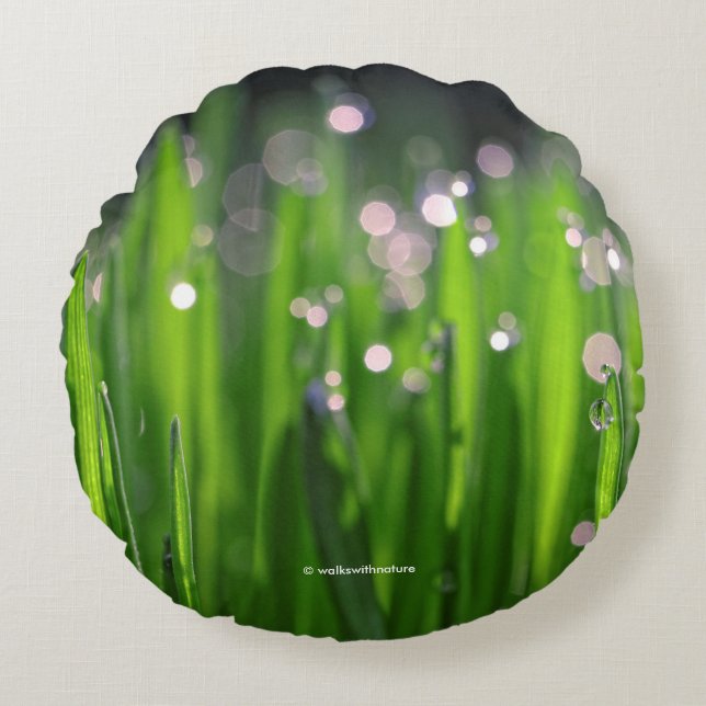 Bedewed Wheatgrass in the Morning Light Round Pillow (Front)