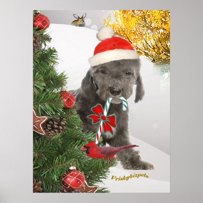 Bedlington puppy  Stands Behind xmas tree Posters