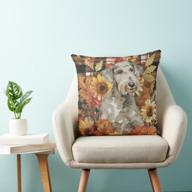 Bedlington Terrier Dog Fall Watercolor Flowers Throw Pillow (Chair)