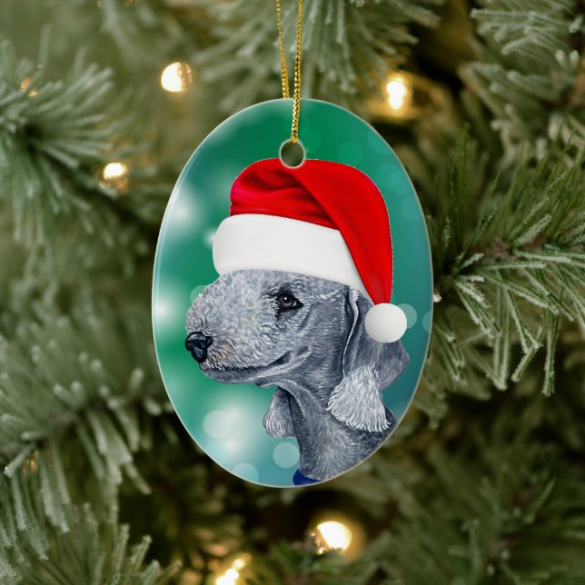 Bedlington Terrier Dog Red Santa Hat Christmas Ceramic Ornament (Tree)