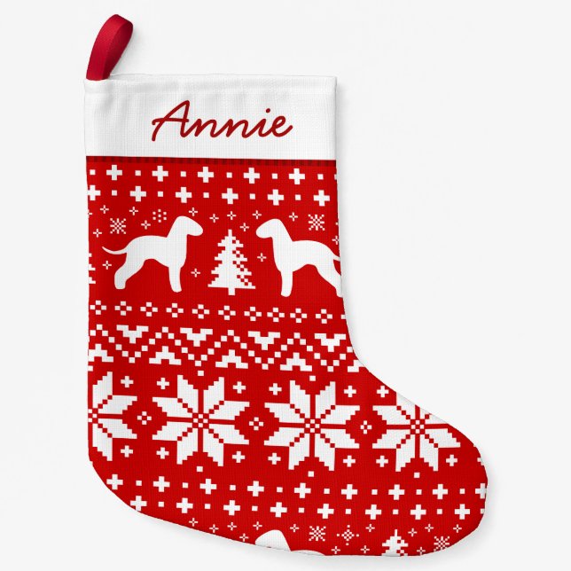 Bedlington Terrier Silhouettes Dogs Holiday Red Small Christmas Stocking (Front)