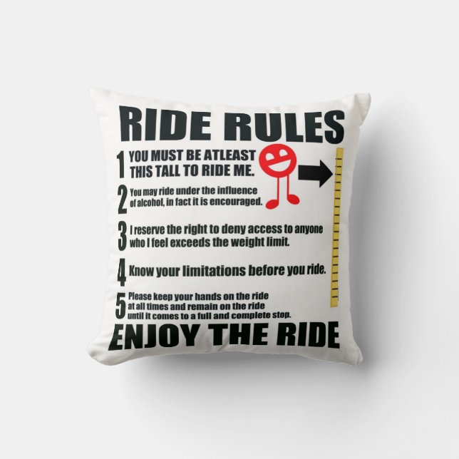 Bedroom Innuendo Funny Ride Rules Throw Pillow (Front)