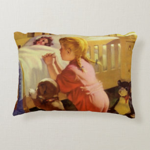 Bedtime Prayers, Girl with Puppy, Vintage Religion Accent Pillow