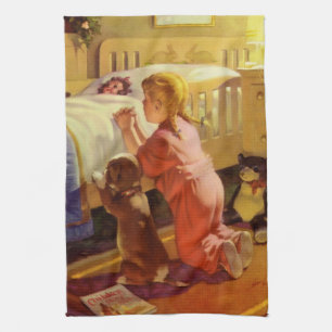 Bedtime Prayers, Girl with Puppy, Vintage Religion Kitchen Towel