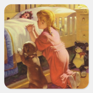 Bedtime Prayers, Girl with Puppy, Vintage Religion Square Sticker