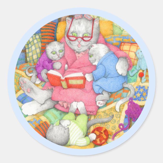 BEDTIME STORY Large Round Stickers - Blue (Front)
