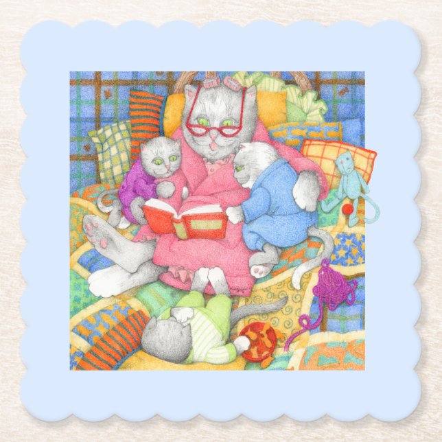 BEDTIME STORY Scalloped Square Coasters - Blue (Front)