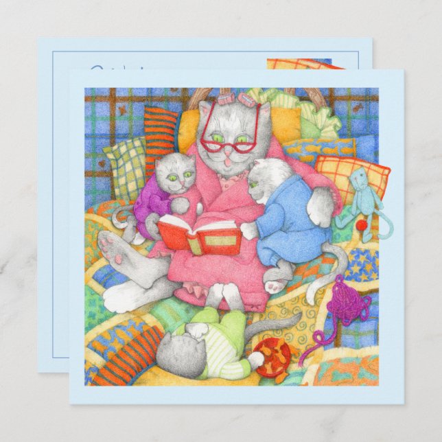 BEDTIME STORY Square Flat Birthday Card / Blue (Front/Back)