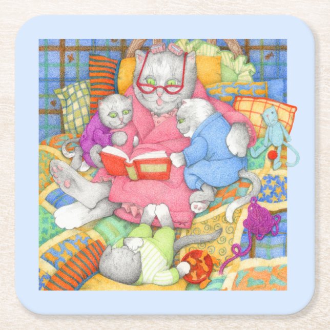 BEDTIME STORY Square Paper Coasters - Blue (Front)