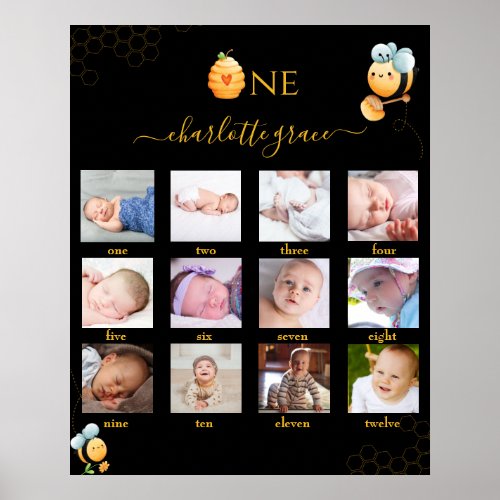 Bee 1st Birthday 12 months Photo Collage Poster