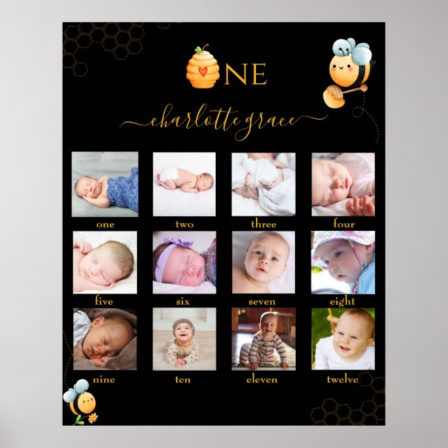 Bee 1st Birthday 12 months Photo Collage Poster (Front)