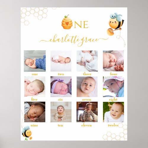 Bee 1st Birthday 12 months Photo Collage White  Poster