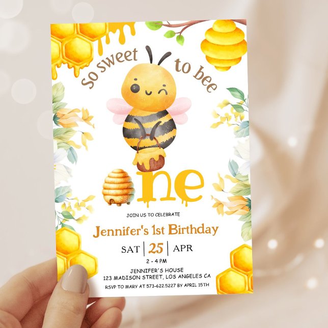 Bee 1st Birthday Girl So Sweet To Bee One Invitation (Creator Uploaded)